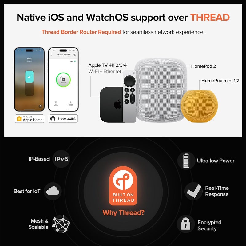 ThorBolt قفل باب هوم كيت بدون مفتاح من آبل X1 مع خاصية فتح القفل باللمس، متوافق مع iOS فقط، قفل باب بمفتاح رقمي يعمل مع هوم كيت عبر ثريد (يتطلب جهاز توجيه حدودي)، مقاوم للعوامل الجوية IP65، فضي - Image 3
